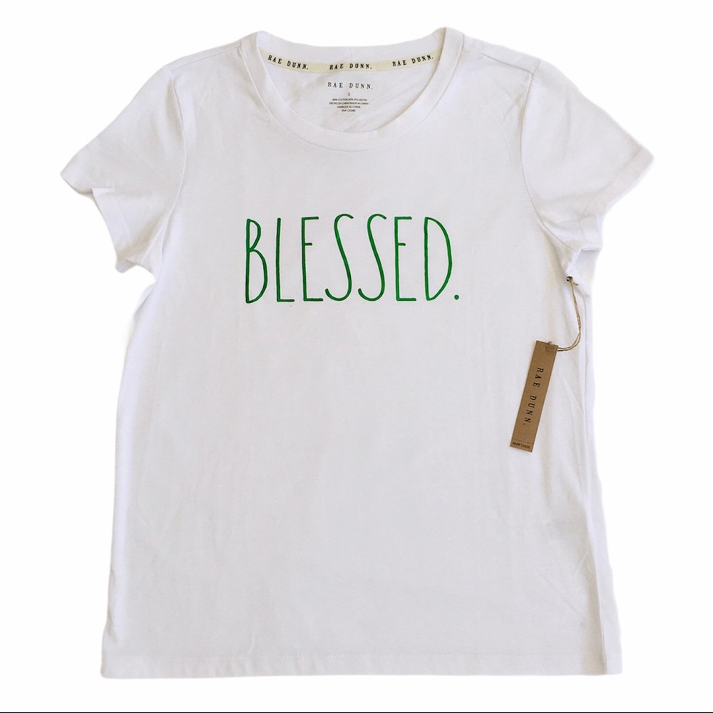 Rae Dunn T-shirt with Blessed in Green Metallic Lettering | NWT | Size S